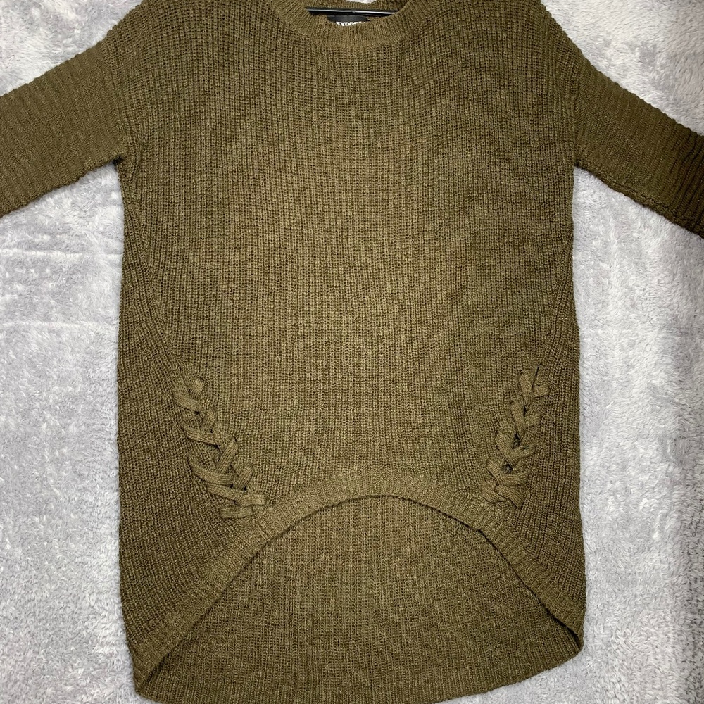 Express Women's Olive Green Sweater Dress Size Small 100% Cotton Long Sleeve Tun